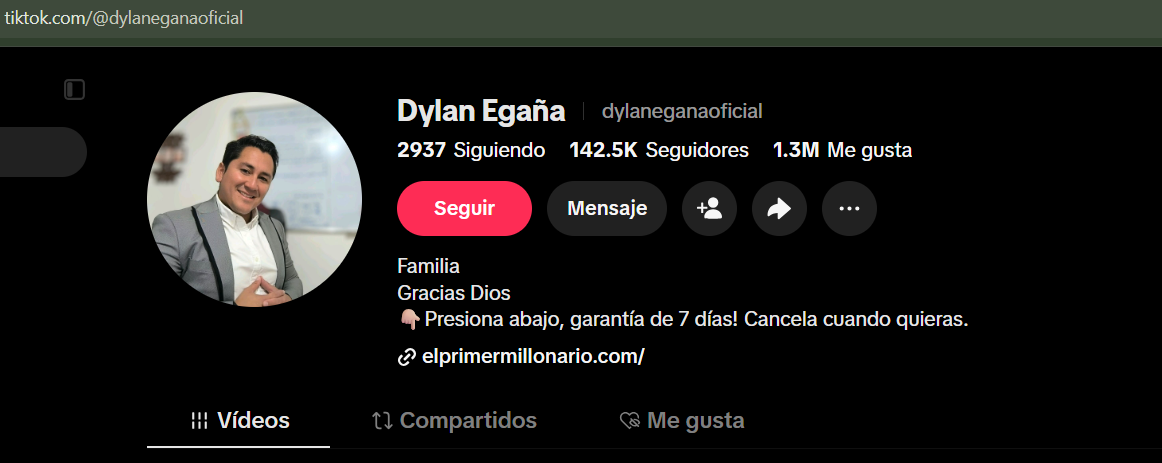 Captura real del perfil de TikTok de Dylan Egaña